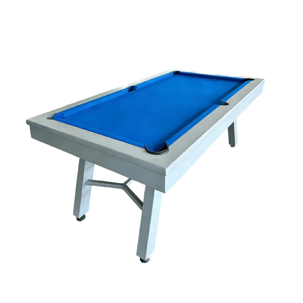 CUETIQ 7FT Outdoor Pool Table - Slanted Leg Design Metal Frame Waterproof Billiard Table for Backyard Patio Games - Grey & Blue