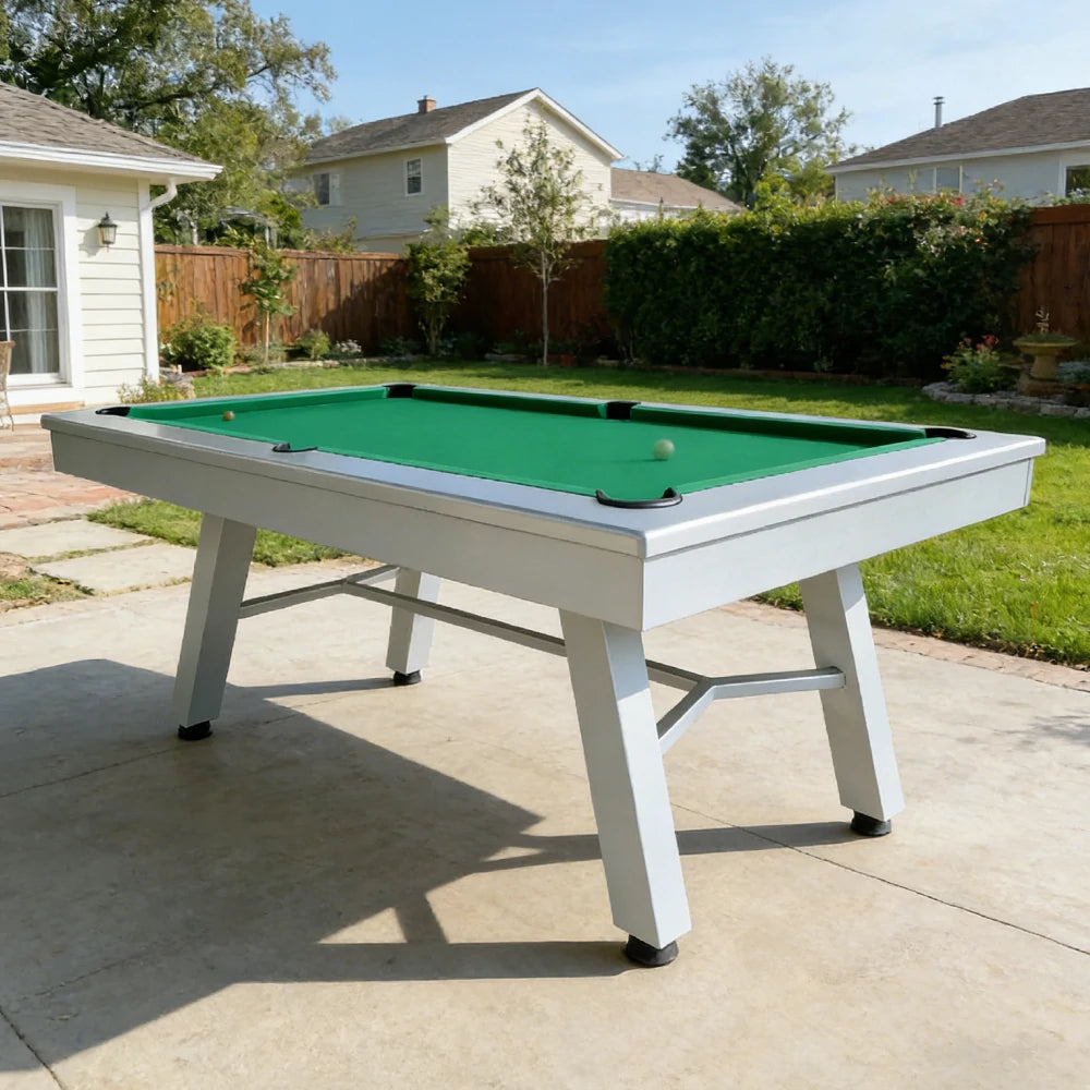 CUETIQ 7FT Outdoor Pool Table - Slanted Leg Design Metal Frame Waterproof Billiard Table for Backyard Patio Games - Grey & Green