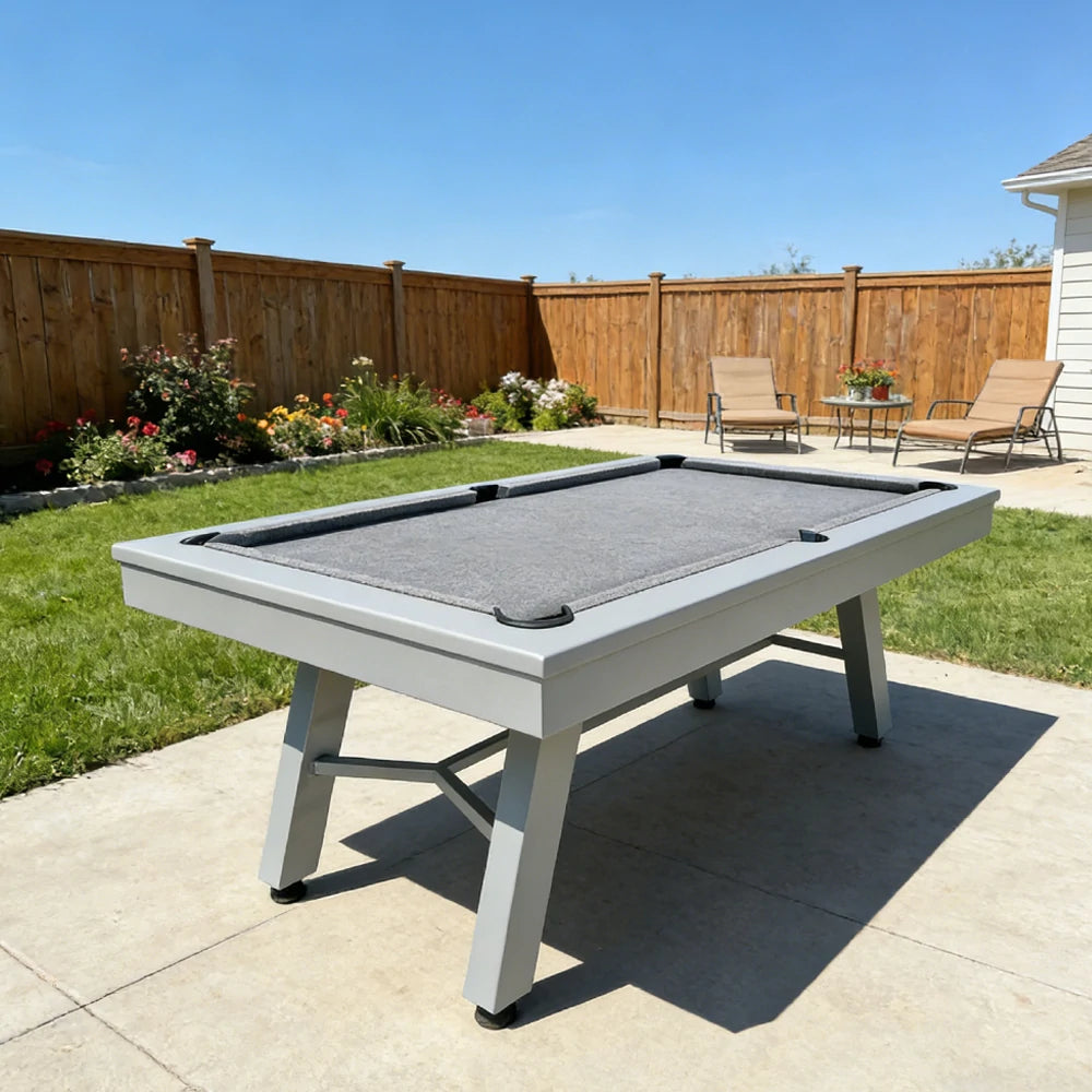 CUETIQ 7FT Outdoor Pool Table - Slanted Leg Design Metal Frame Waterproof Billiard Table for Backyard Patio Games - Grey & Grey