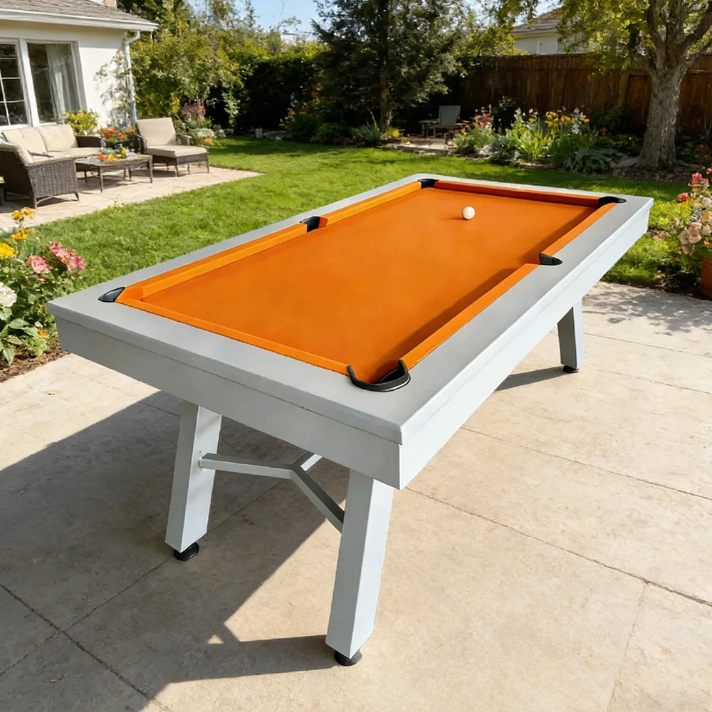 CUETIQ 7FT Outdoor Pool Table - Slanted Leg Design Metal Frame Waterproof Billiard Table for Backyard Patio Games - Grey & Orange