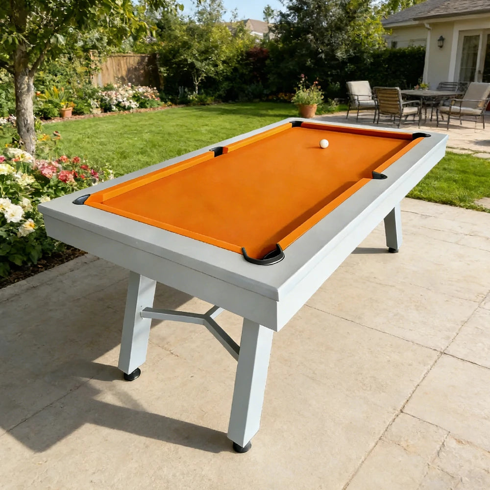 CUETIQ 7FT Outdoor Pool Table - Slanted Leg Design Metal Frame Waterproof Billiard Table for Backyard Patio Games - Grey & Orange