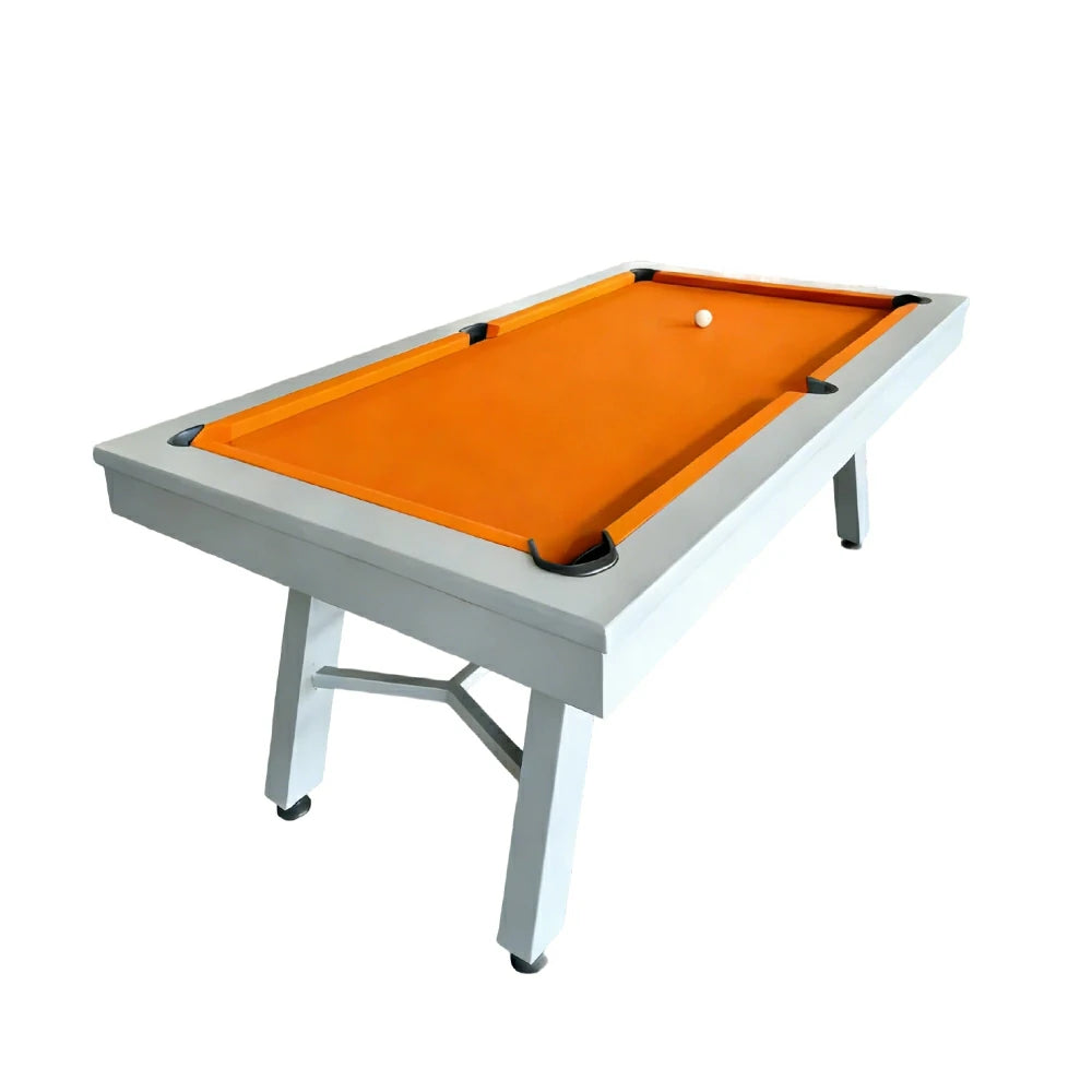 CUETIQ 7FT Outdoor Pool Table - Slanted Leg Design Metal Frame Waterproof Billiard Table for Backyard Patio Games - Grey & Orange
