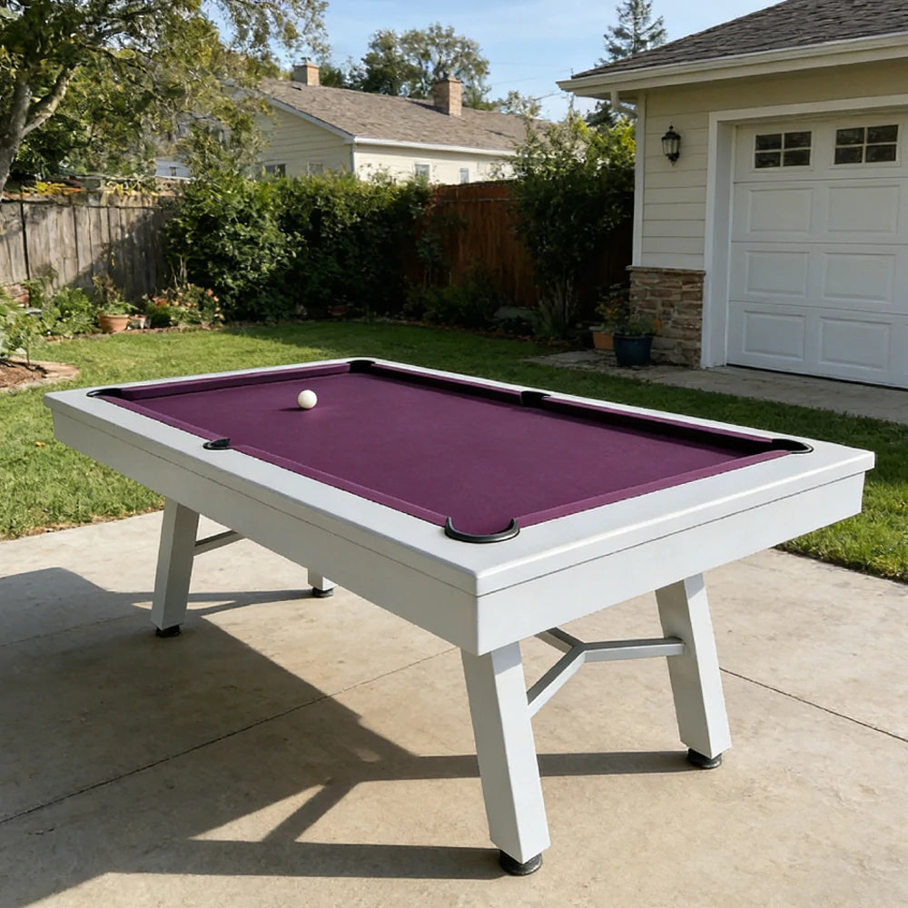 CUETIQ 7FT Outdoor Pool Table - Slanted Leg Design Metal Frame Waterproof Billiard Table for Backyard Patio Games - Grey & Purple