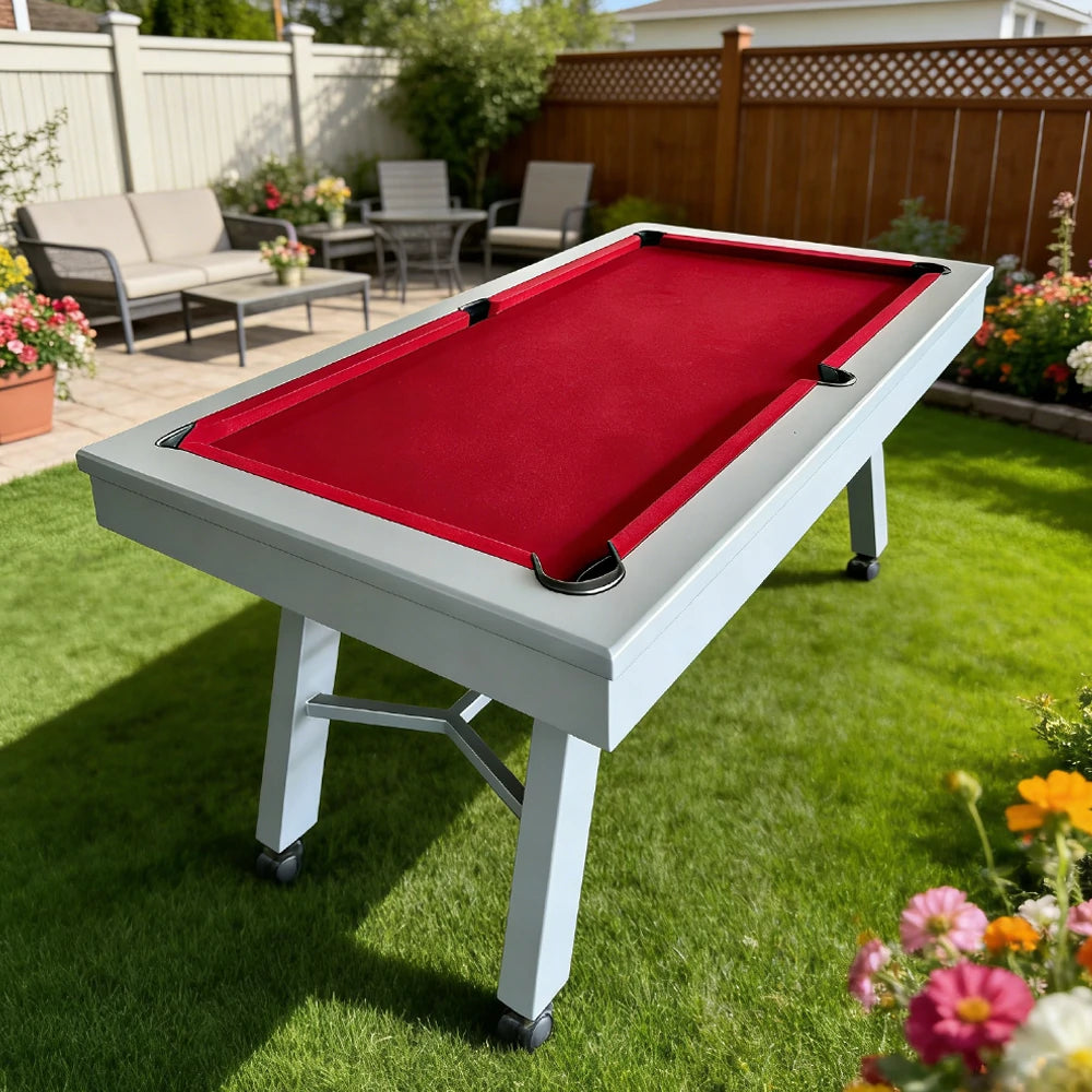 CUETIQ 7FT Outdoor Pool Table - Slanted Leg Design Metal Frame Waterproof Billiard Table for Backyard Patio Games - Grey & Red