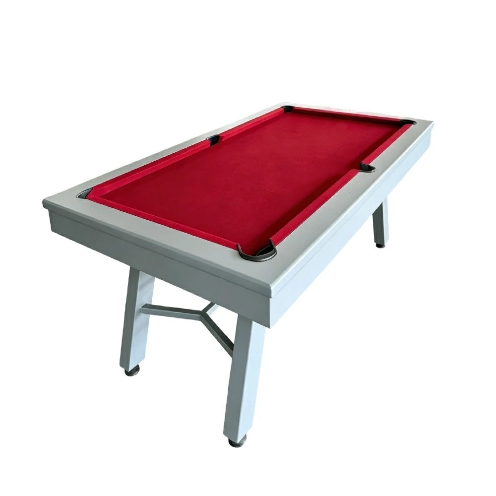 CUETIQ 7FT Outdoor Pool Table - Slanted Leg Design Metal Frame Waterproof Billiard Table for Backyard Patio Games - Grey & Red