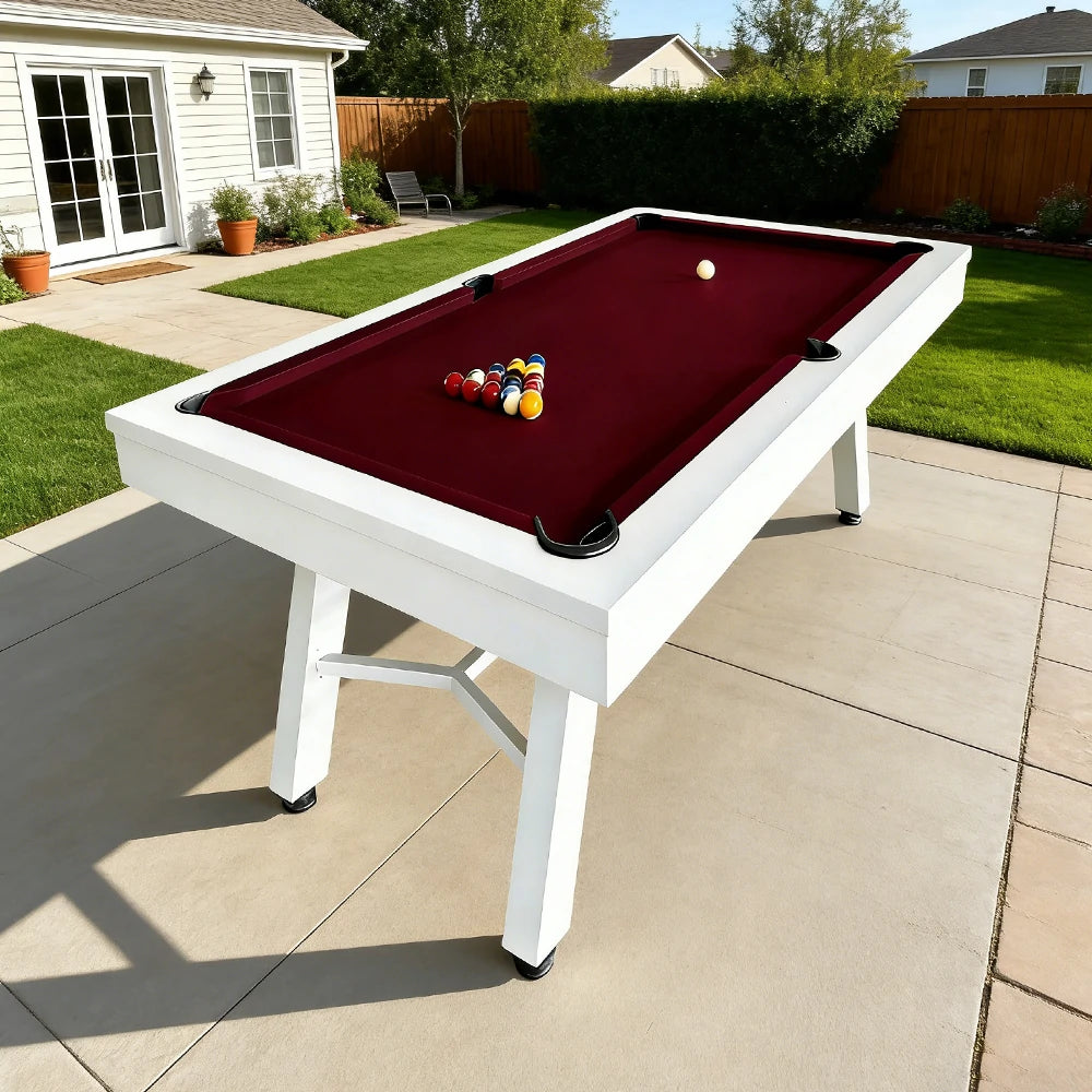 CUETIQ 7FT Outdoor Pool Table - Slanted Leg Design Metal Frame Waterproof Billiard Table for Backyard Patio Games - White & Burgundy