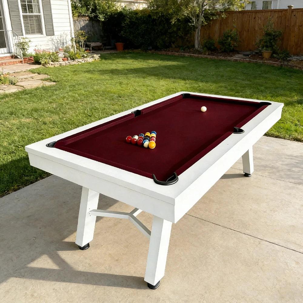 CUETIQ 7FT Outdoor Pool Table - Slanted Leg Design Metal Frame Waterproof Billiard Table for Backyard Patio Games - White & Burgundy