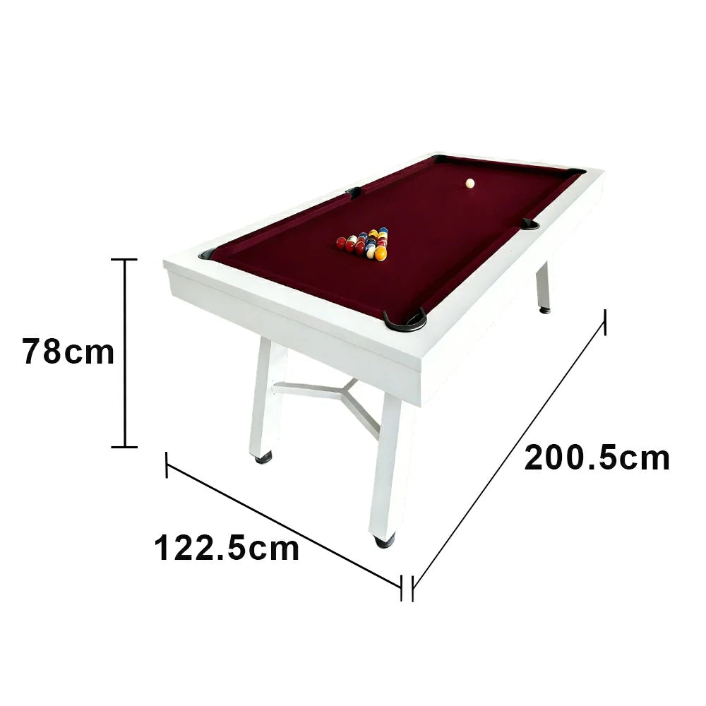 CUETIQ 7FT Outdoor Pool Table - Slanted Leg Design Metal Frame Waterproof Billiard Table for Backyard Patio Games - White & Burgundy