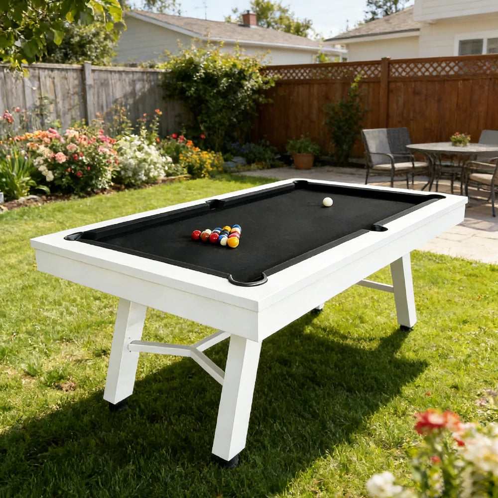 CUETIQ 7FT Outdoor Pool Table - Slanted Leg Design Metal Frame Waterproof Billiard Table for Backyard Patio Games - White & Black