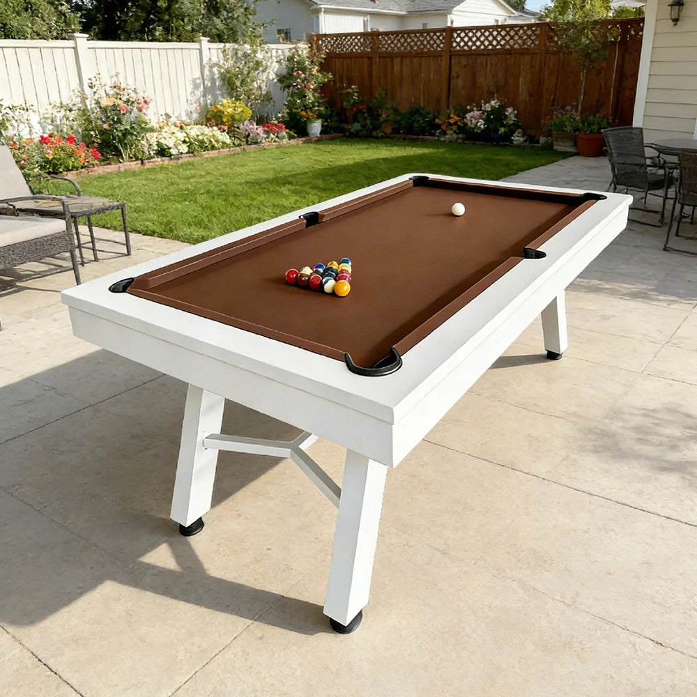 CUETIQ 7FT Outdoor Pool Table - Slanted Leg Design Metal Frame Waterproof Billiard Table for Backyard Patio Games - White & Brown