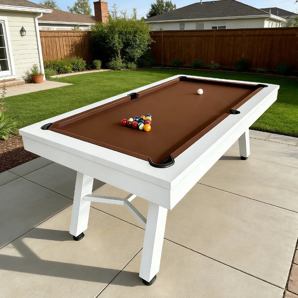 CUETIQ 7FT Outdoor Pool Table - Slanted Leg Design Metal Frame Waterproof Billiard Table for Backyard Patio Games - White & Brown
