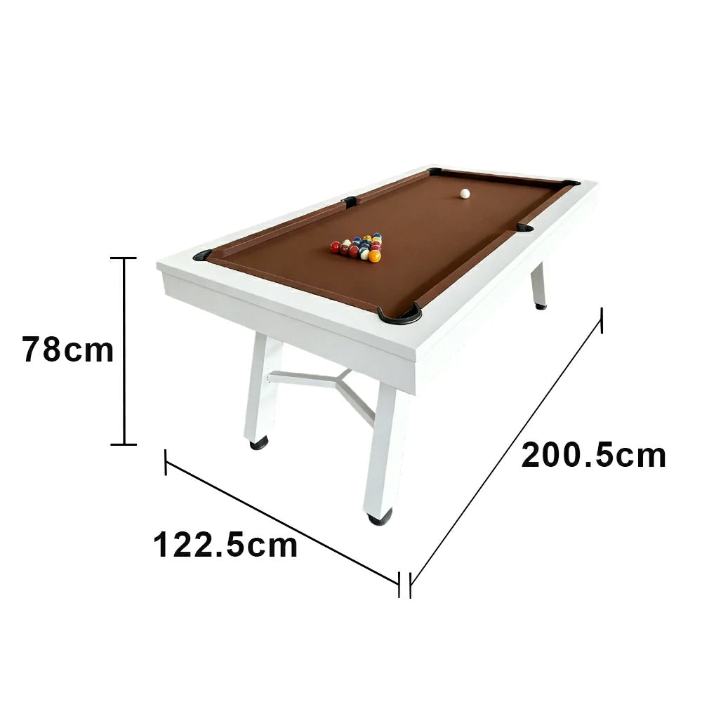 CUETIQ 7FT Outdoor Pool Table - Slanted Leg Design Metal Frame Waterproof Billiard Table for Backyard Patio Games - White & Brown