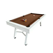CUETIQ 7FT Outdoor Pool Table - Slanted Leg Design Metal Frame Waterproof Billiard Table for Backyard Patio Games - White & Brown