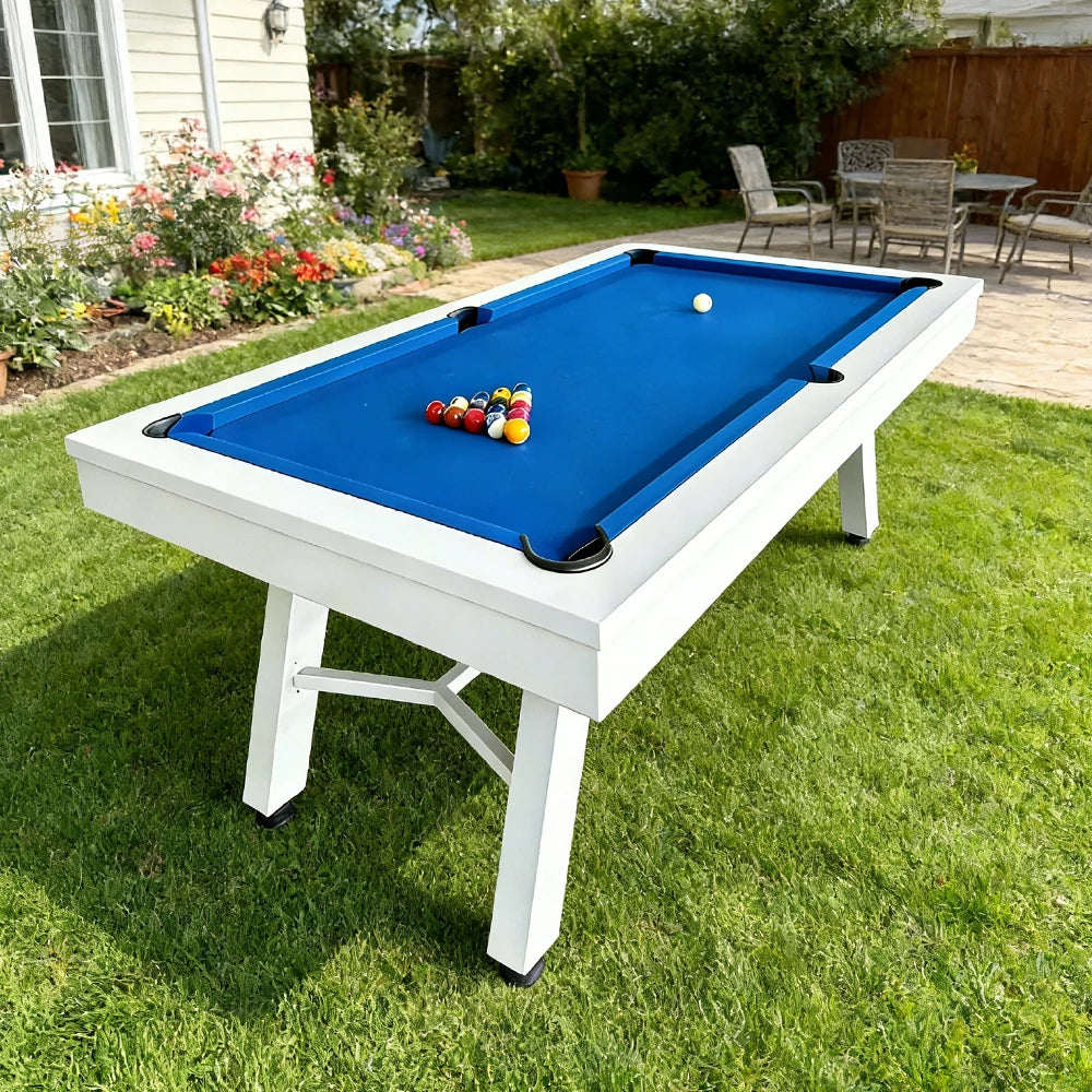 CUETIQ 7FT Outdoor Pool Table - Slanted Leg Design Metal Frame Waterproof Billiard Table for Backyard Patio Games - White & Blue