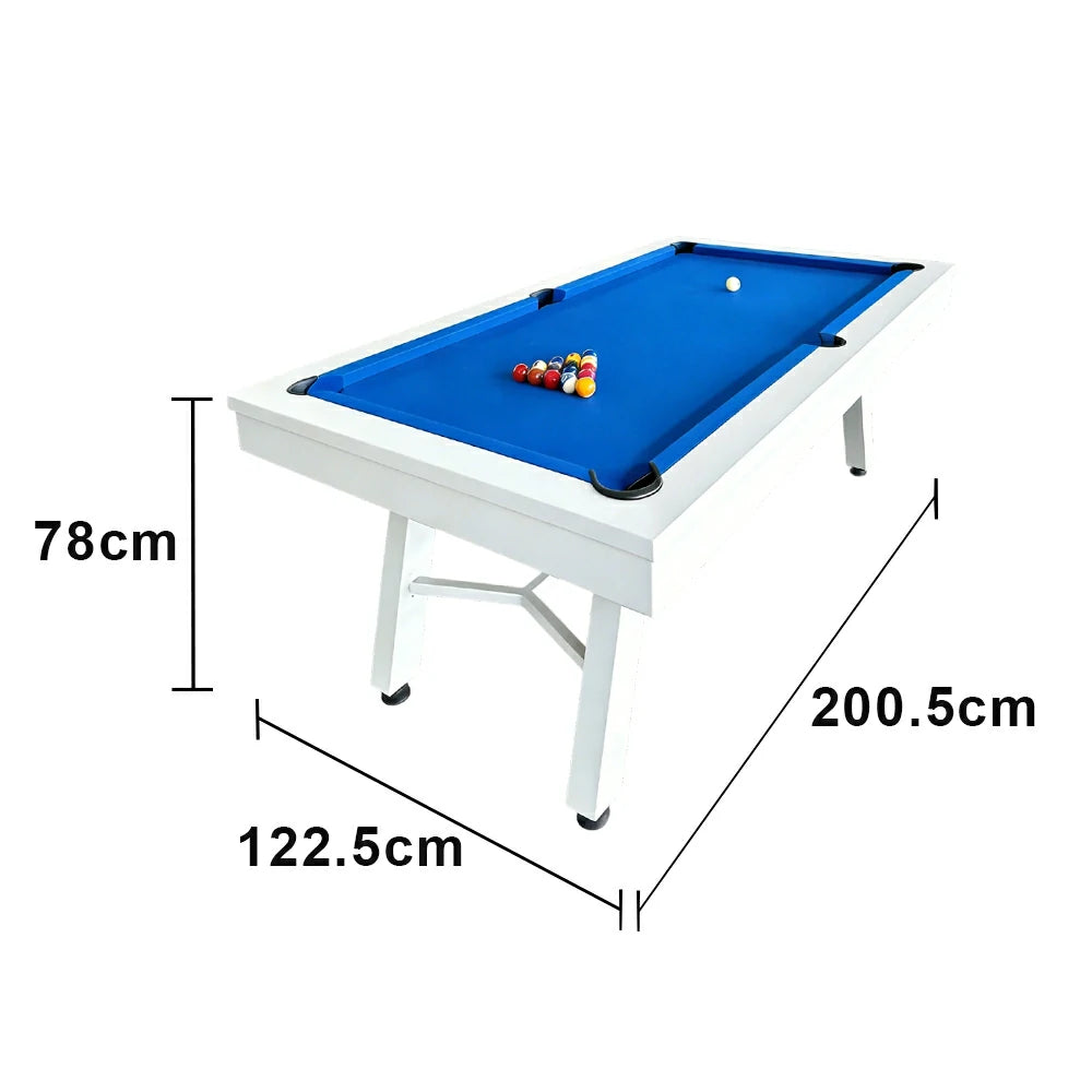 CUETIQ 7FT Outdoor Pool Table - Slanted Leg Design Metal Frame Waterproof Billiard Table for Backyard Patio Games - White & Blue