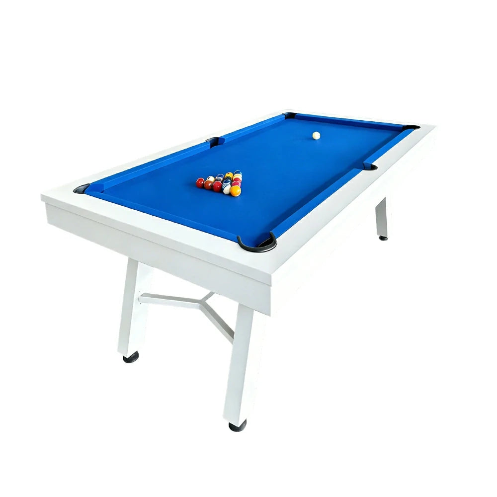 CUETIQ 7FT Outdoor Pool Table - Slanted Leg Design Metal Frame Waterproof Billiard Table for Backyard Patio Games - White & Blue