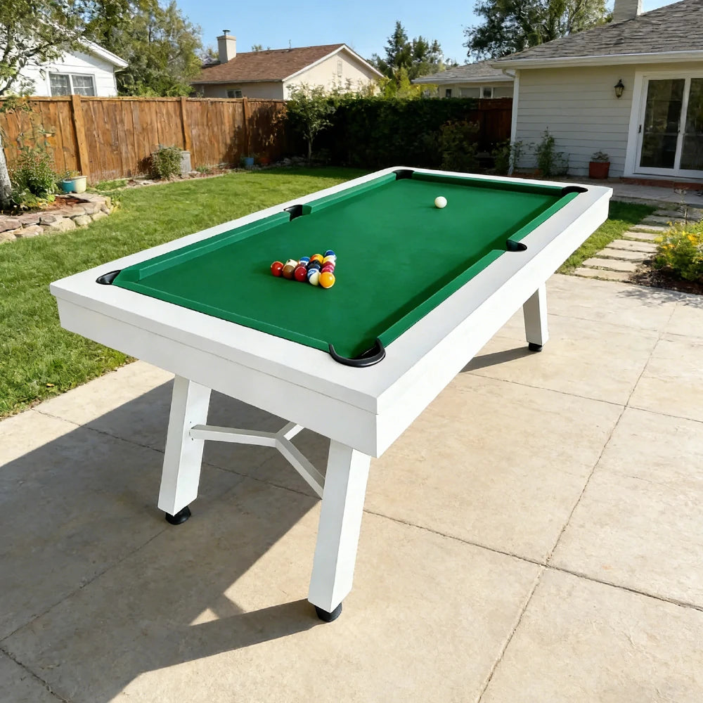 CUETIQ 7FT Outdoor Pool Table - Slanted Leg Design Metal Frame Waterproof Billiard Table for Backyard Patio Games - White & Green