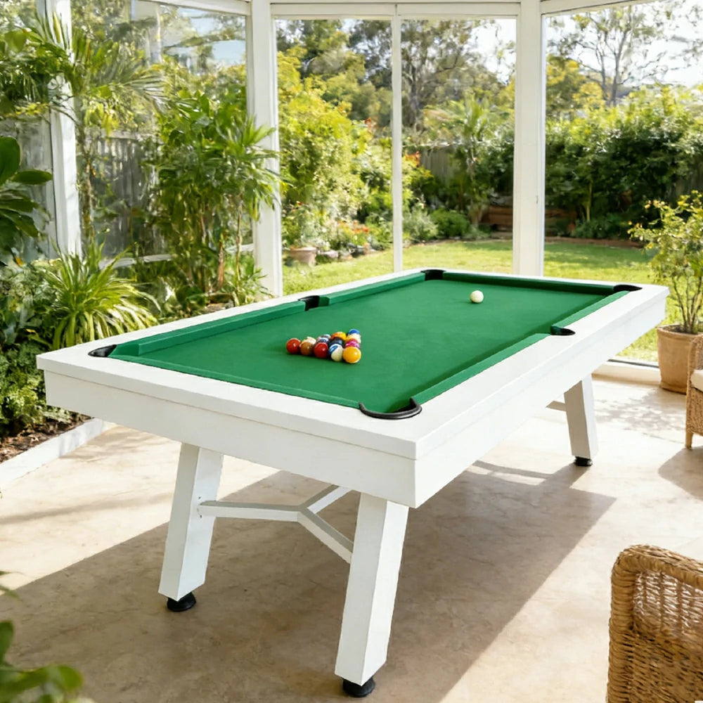 CUETIQ 7FT Outdoor Pool Table - Slanted Leg Design Metal Frame Waterproof Billiard Table for Backyard Patio Games - White & Green