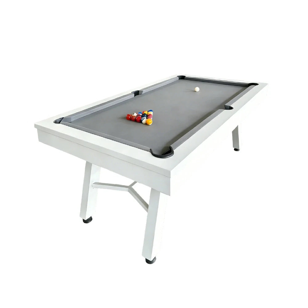 CUETIQ 7FT Outdoor Pool Table - Slanted Leg Design Metal Frame Waterproof Billiard Table for Backyard Patio Games - White & Grey