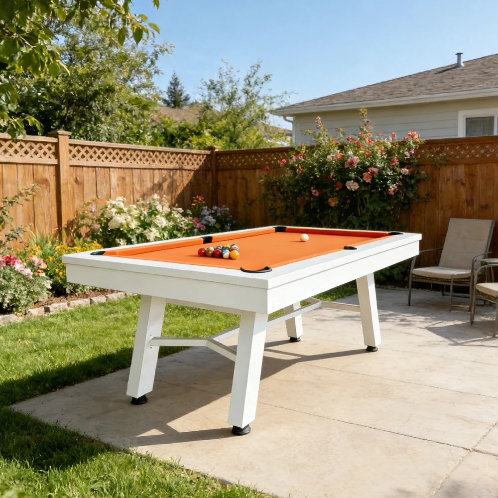 CUETIQ 7FT Outdoor Pool Table - Slanted Leg Design Metal Frame Waterproof Billiard Table for Backyard Patio Games - White & Orange