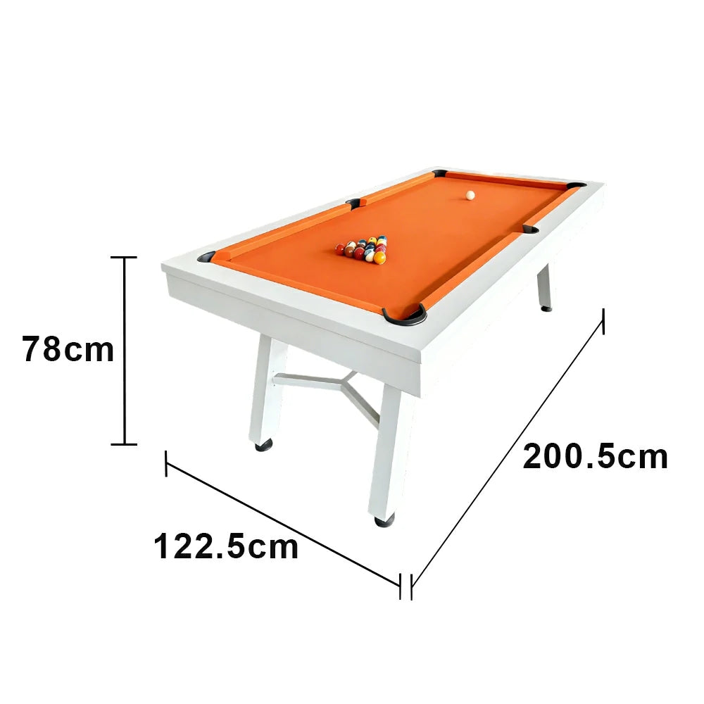 CUETIQ 7FT Outdoor Pool Table - Slanted Leg Design Metal Frame Waterproof Billiard Table for Backyard Patio Games - White & Orange