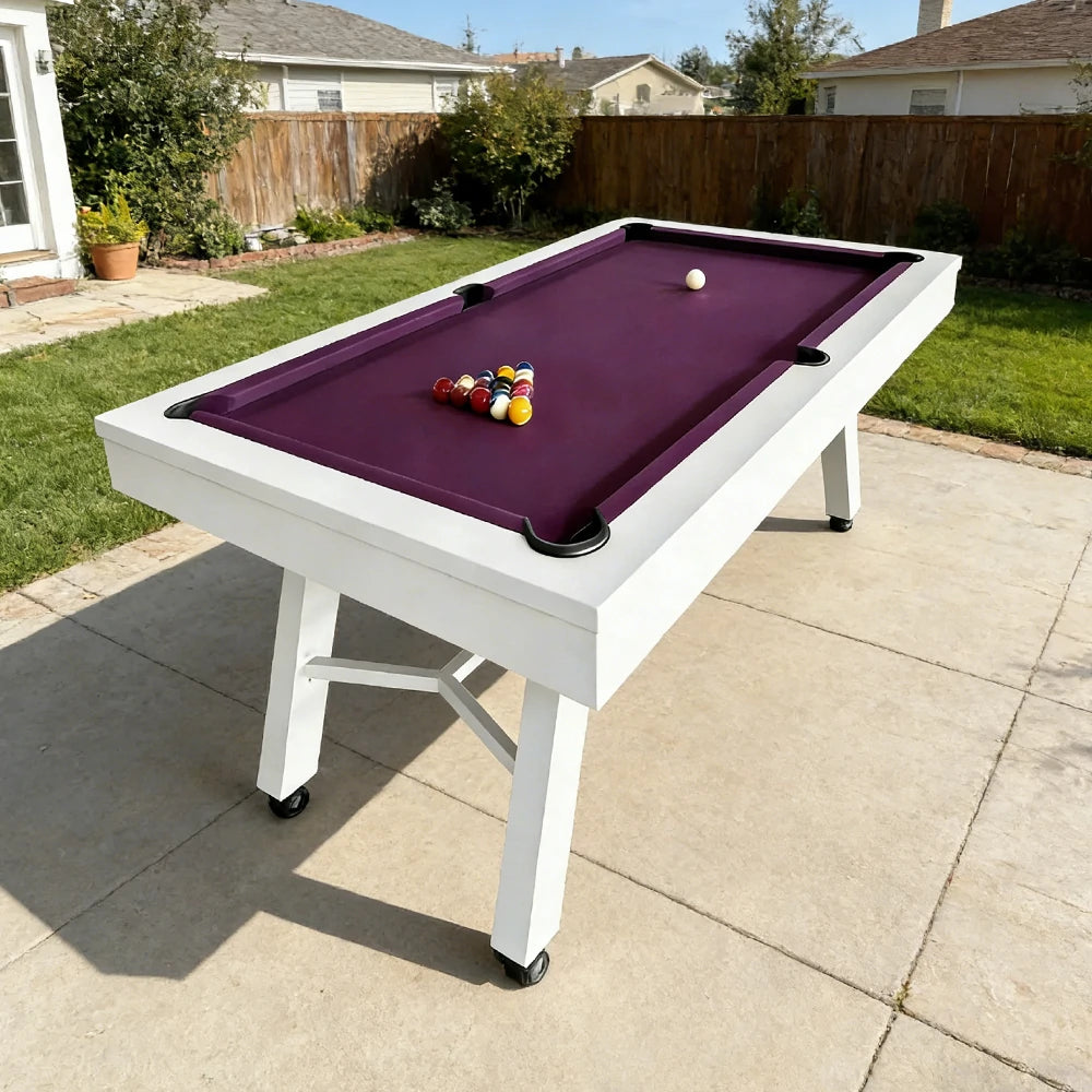 CUETIQ 7FT Outdoor Pool Table - Slanted Leg Design Metal Frame Waterproof Billiard Table for Backyard Patio Games - White & Purple
