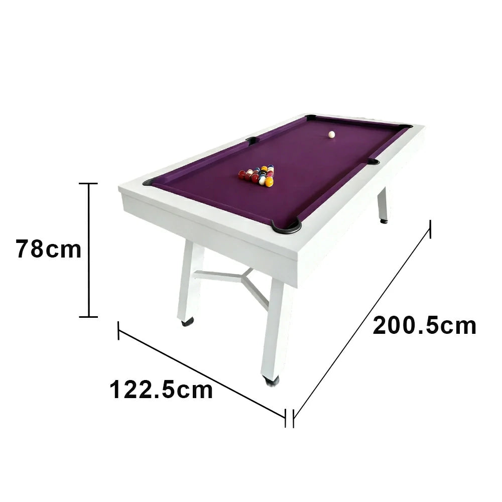 CUETIQ 7FT Outdoor Pool Table - Slanted Leg Design Metal Frame Waterproof Billiard Table for Backyard Patio Games - White & Purple