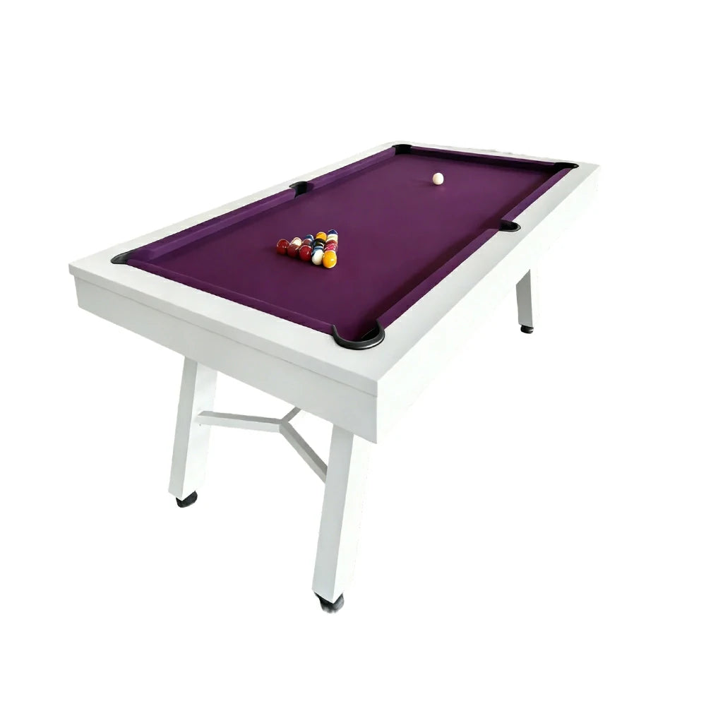 CUETIQ 7FT Outdoor Pool Table - Slanted Leg Design Metal Frame Waterproof Billiard Table for Backyard Patio Games - White & Purple