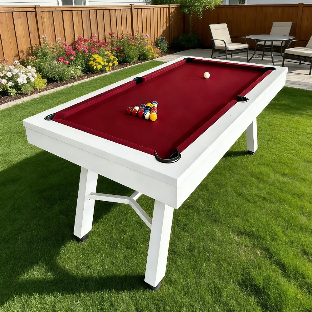 CUETIQ 7FT Outdoor Pool Table - Slanted Leg Design Metal Frame Waterproof Billiard Table for Backyard Patio Games - White & Red