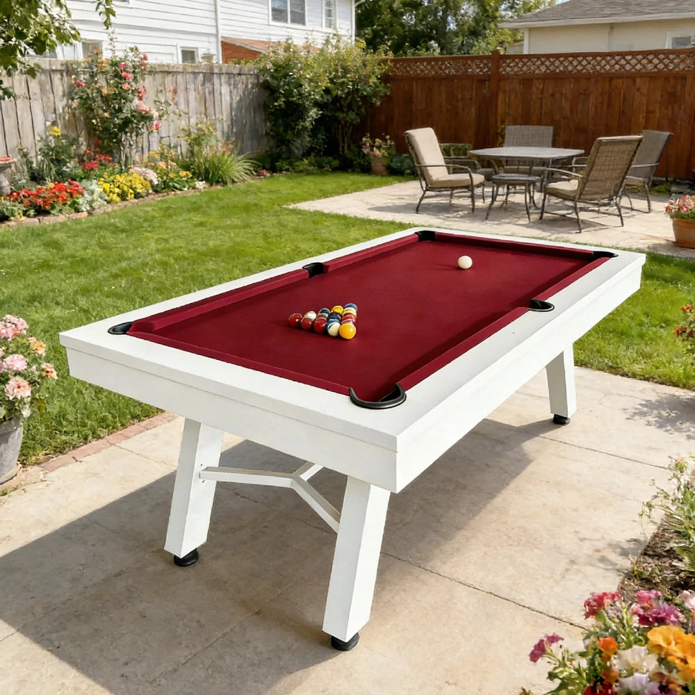 CUETIQ 7FT Outdoor Pool Table - Slanted Leg Design Metal Frame Waterproof Billiard Table for Backyard Patio Games - White & Red