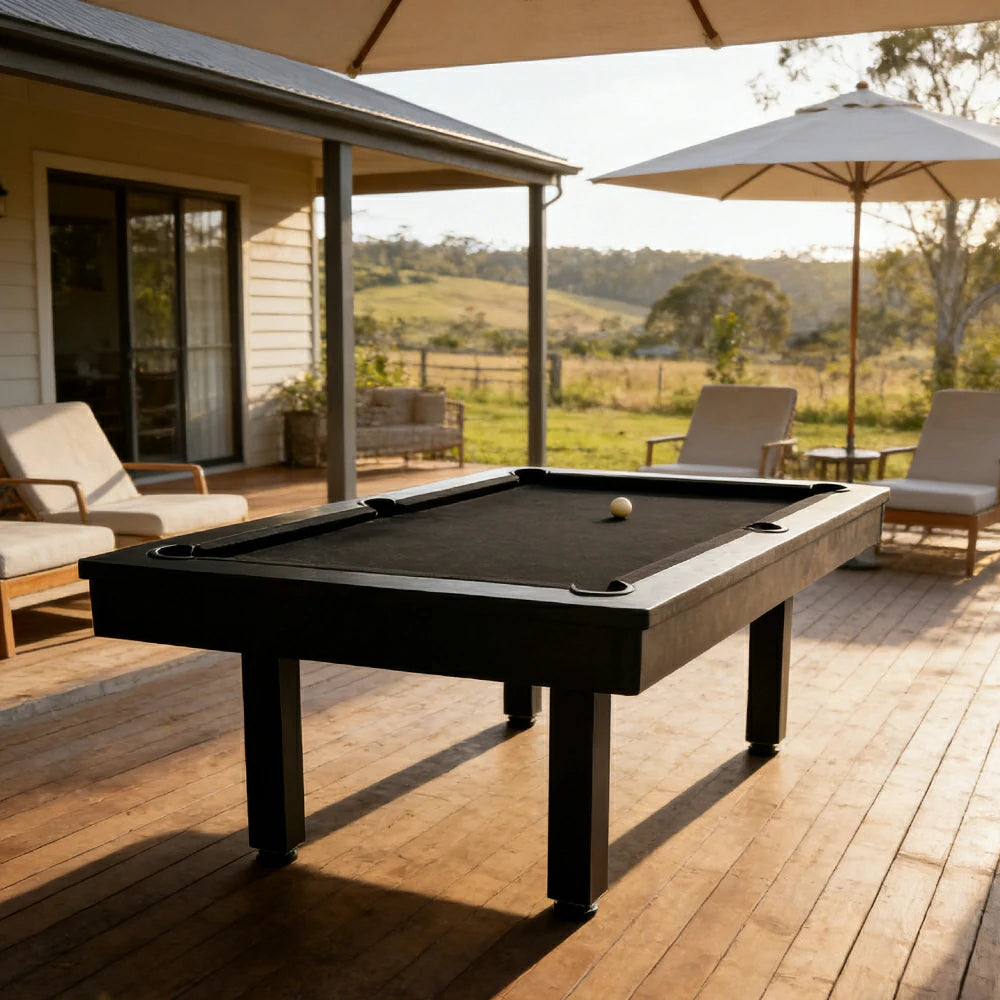 CUETIQ 7FT Outdoor Pool Table - Straight Leg Design Metal Frame Waterproof Billiard Table for Backyard Patio Games - Black & Black