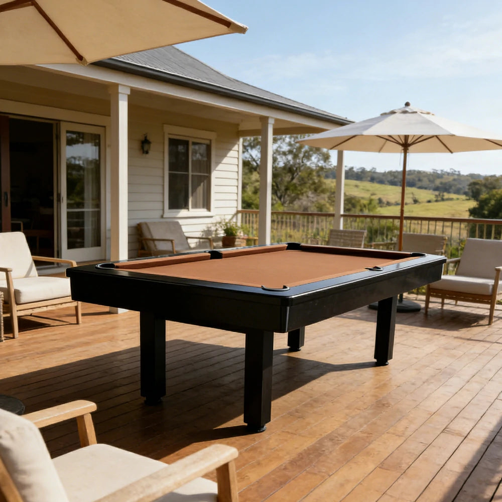 CUETIQ 7FT Outdoor Pool Table - Straight Leg Design Metal Frame Waterproof Billiard Table for Backyard Patio Games - Black & Brown