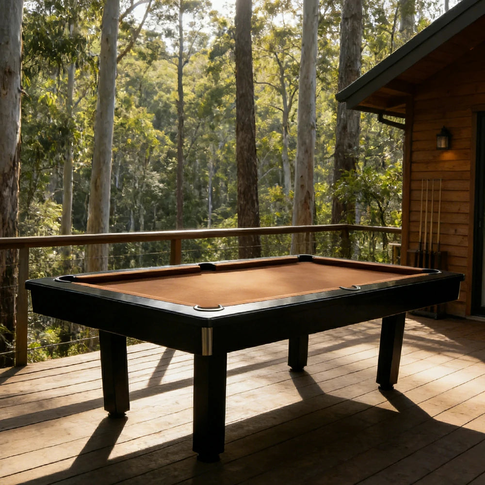 CUETIQ 7FT Outdoor Pool Table - Straight Leg Design Metal Frame Waterproof Billiard Table for Backyard Patio Games - Black & Brown