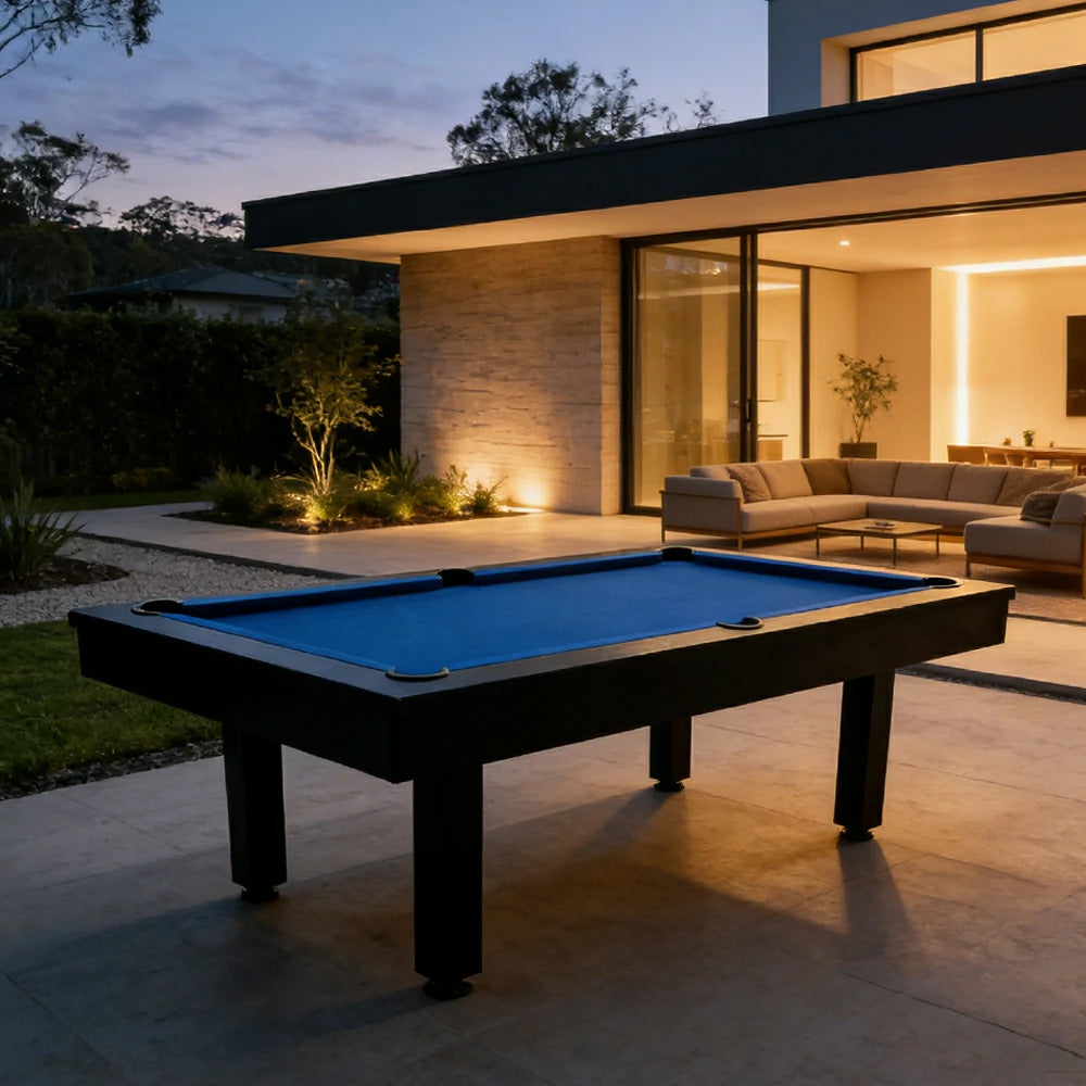 CUETIQ 7FT Outdoor Pool Table - Straight Leg Design Metal Frame Waterproof Billiard Table for Backyard Patio Games - Black & Blue
