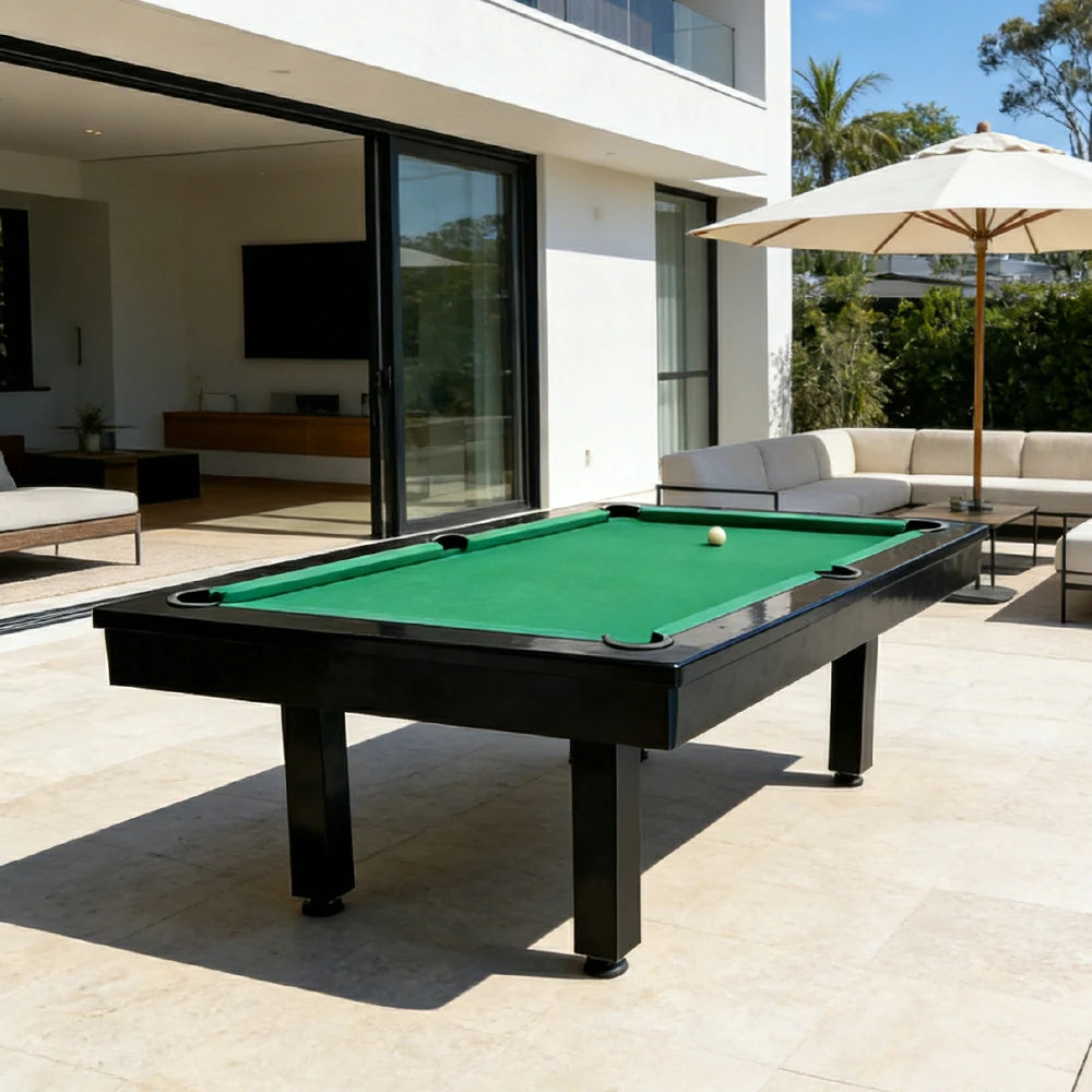 CUETIQ 7FT Outdoor Pool Table - Straight Leg Design Metal Frame Waterproof Billiard Table for Backyard Patio Games - Black & Green