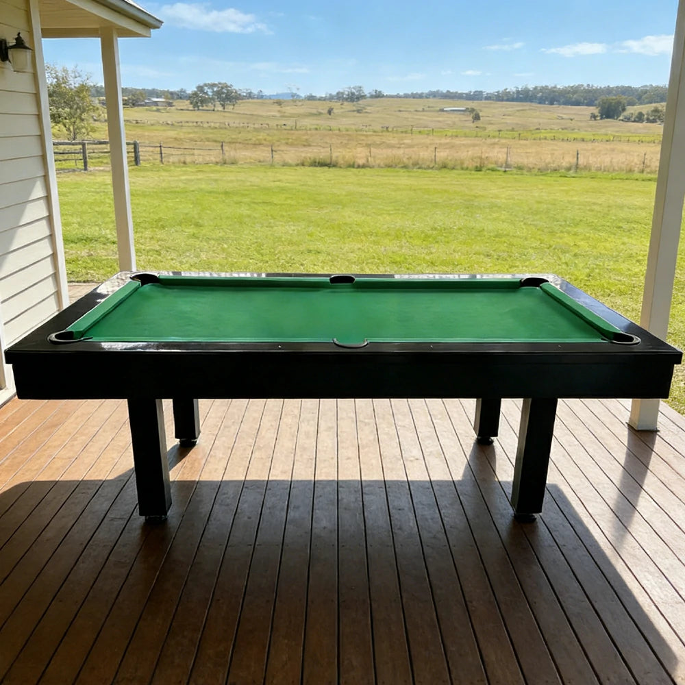 CUETIQ 7FT Outdoor Pool Table - Straight Leg Design Metal Frame Waterproof Billiard Table for Backyard Patio Games - Black & Green