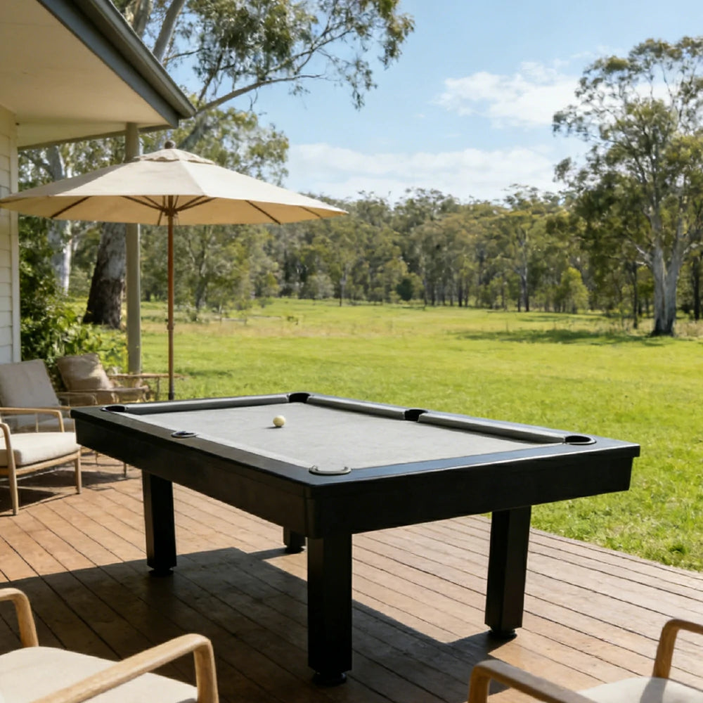 CUETIQ 7FT Outdoor Pool Table - Straight Leg Design Metal Frame Waterproof Billiard Table for Backyard Patio Games - Black & Grey