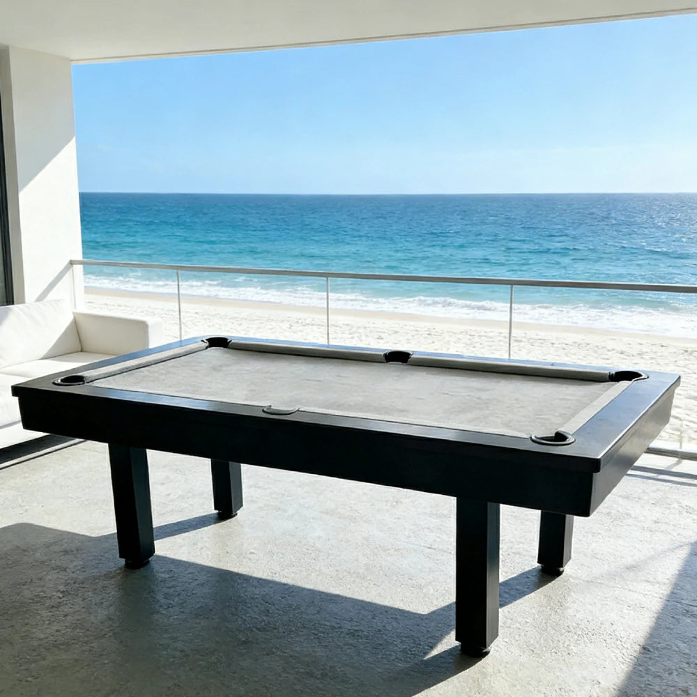 CUETIQ 7FT Outdoor Pool Table - Straight Leg Design Metal Frame Waterproof Billiard Table for Backyard Patio Games - Black & Grey