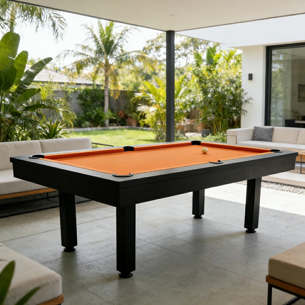 CUETIQ 7FT Outdoor Pool Table - Straight Leg Design Metal Frame Waterproof Billiard Table for Backyard Patio Games - Black & Orange
