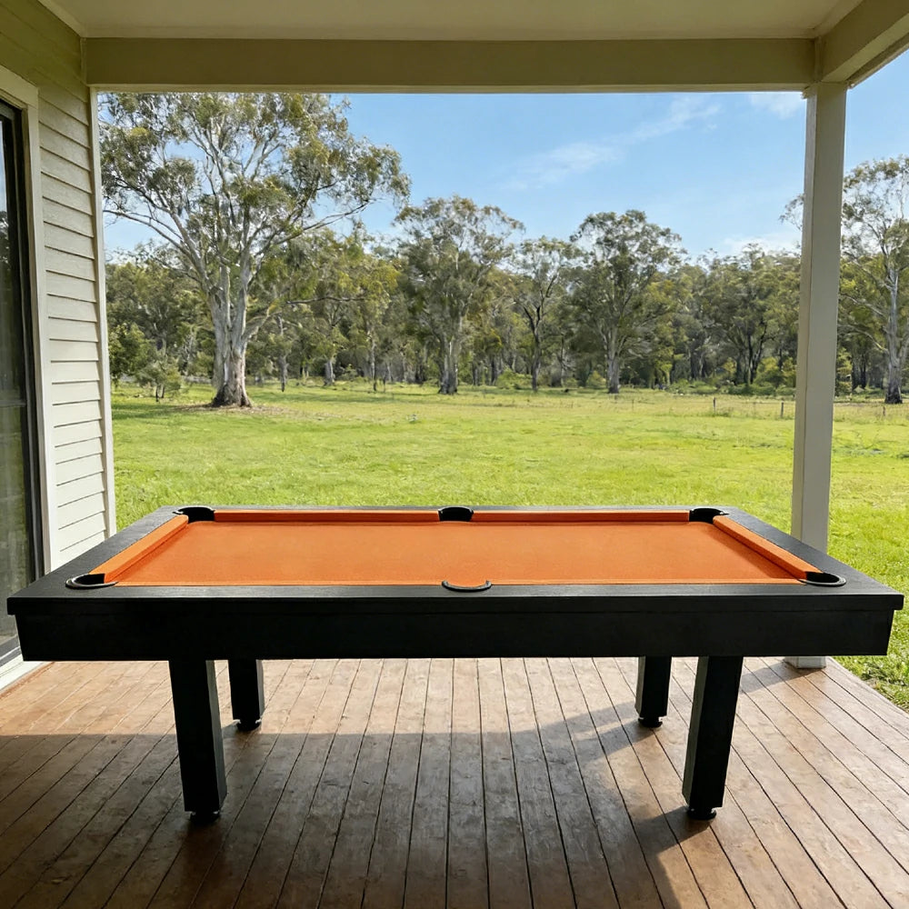 CUETIQ 7FT Outdoor Pool Table - Straight Leg Design Metal Frame Waterproof Billiard Table for Backyard Patio Games - Black & Orange
