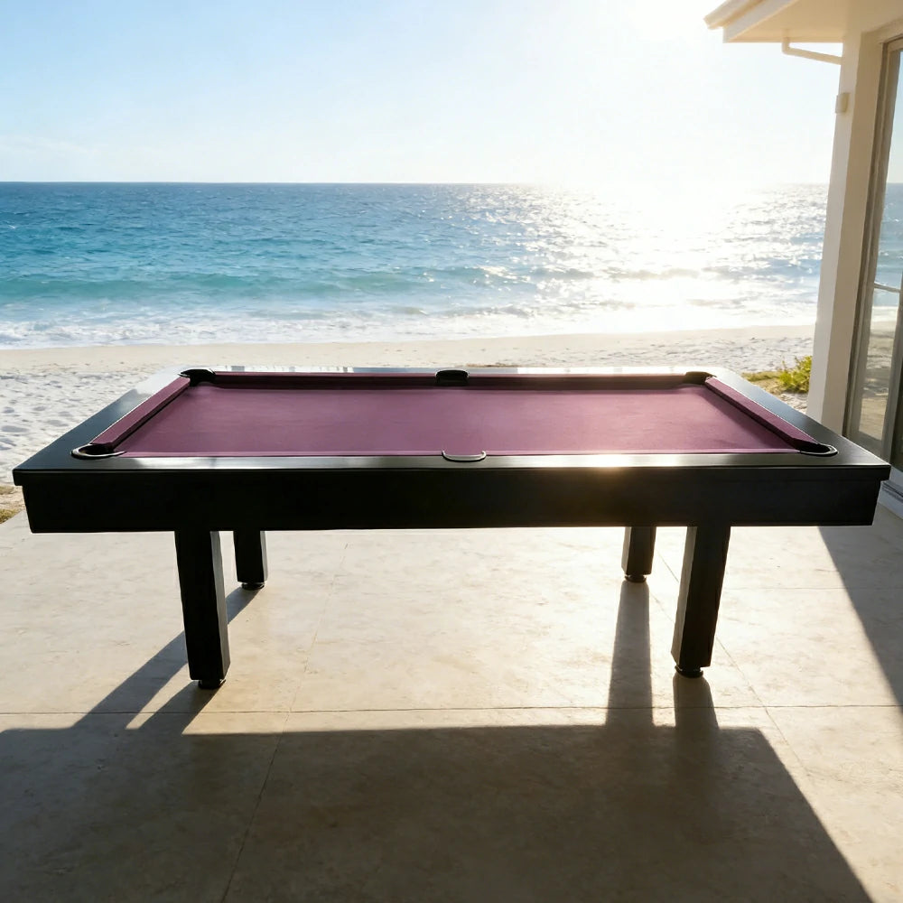 CUETIQ 7FT Outdoor Pool Table - Straight Leg Design Metal Frame Waterproof Billiard Table for Backyard Patio Games - Black & Purple