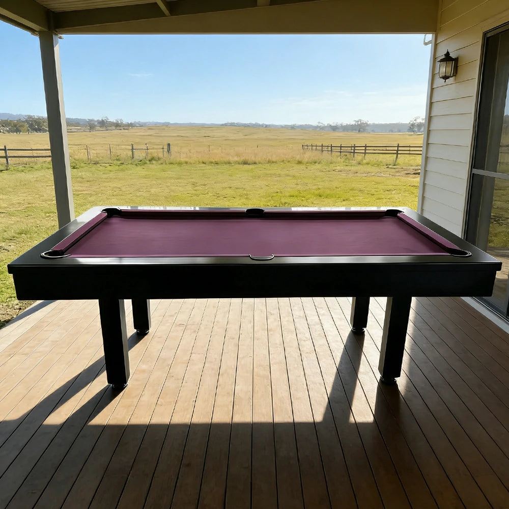 CUETIQ 7FT Outdoor Pool Table - Straight Leg Design Metal Frame Waterproof Billiard Table for Backyard Patio Games - Black & Purple