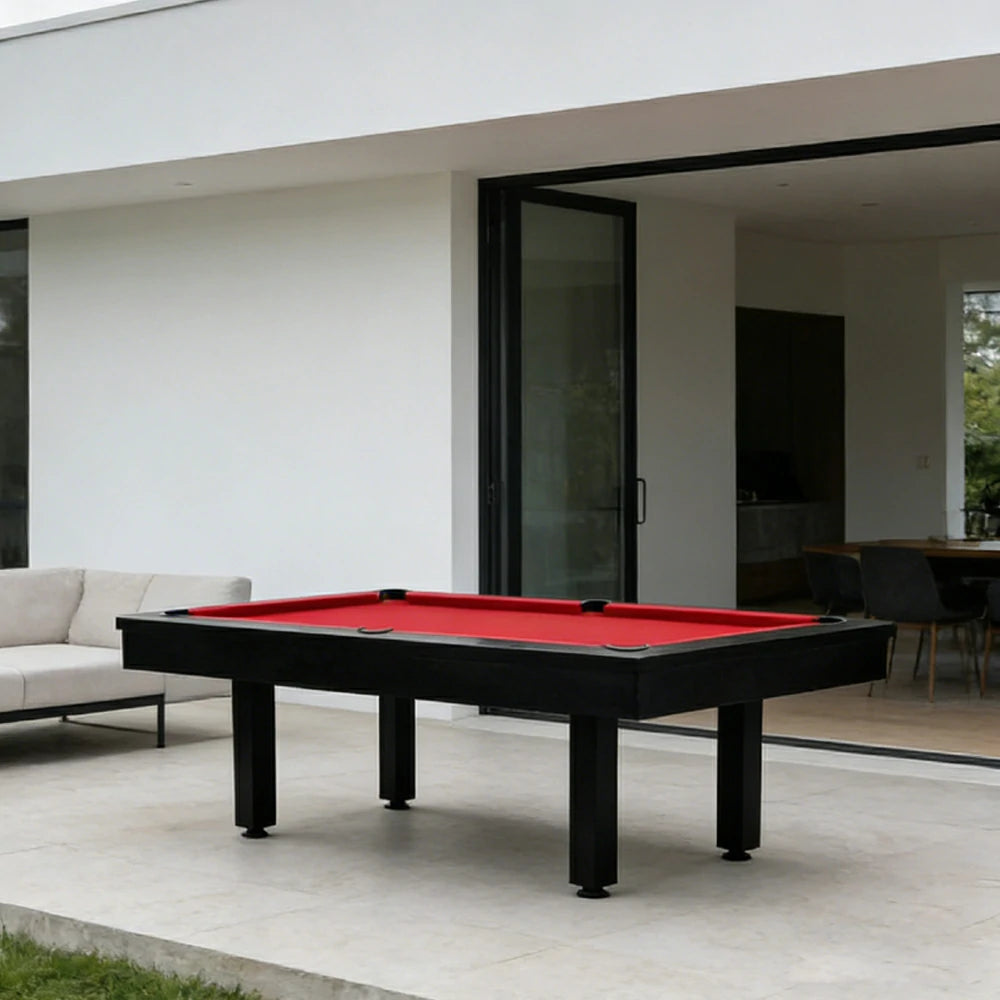 CUETIQ 7FT Outdoor Pool Table - Straight Leg Design Metal Frame Waterproof Billiard Table for Backyard Patio Games - Black & Red
