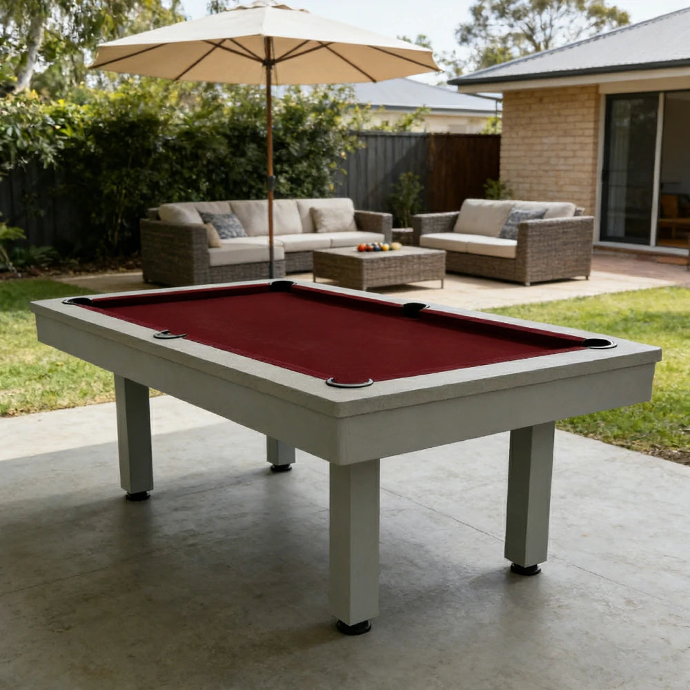 CUETIQ 7FT Outdoor Pool Table - Straight Leg Design Metal Frame Waterproof Billiard Table for Backyard Patio Games - Grey & Burgundy