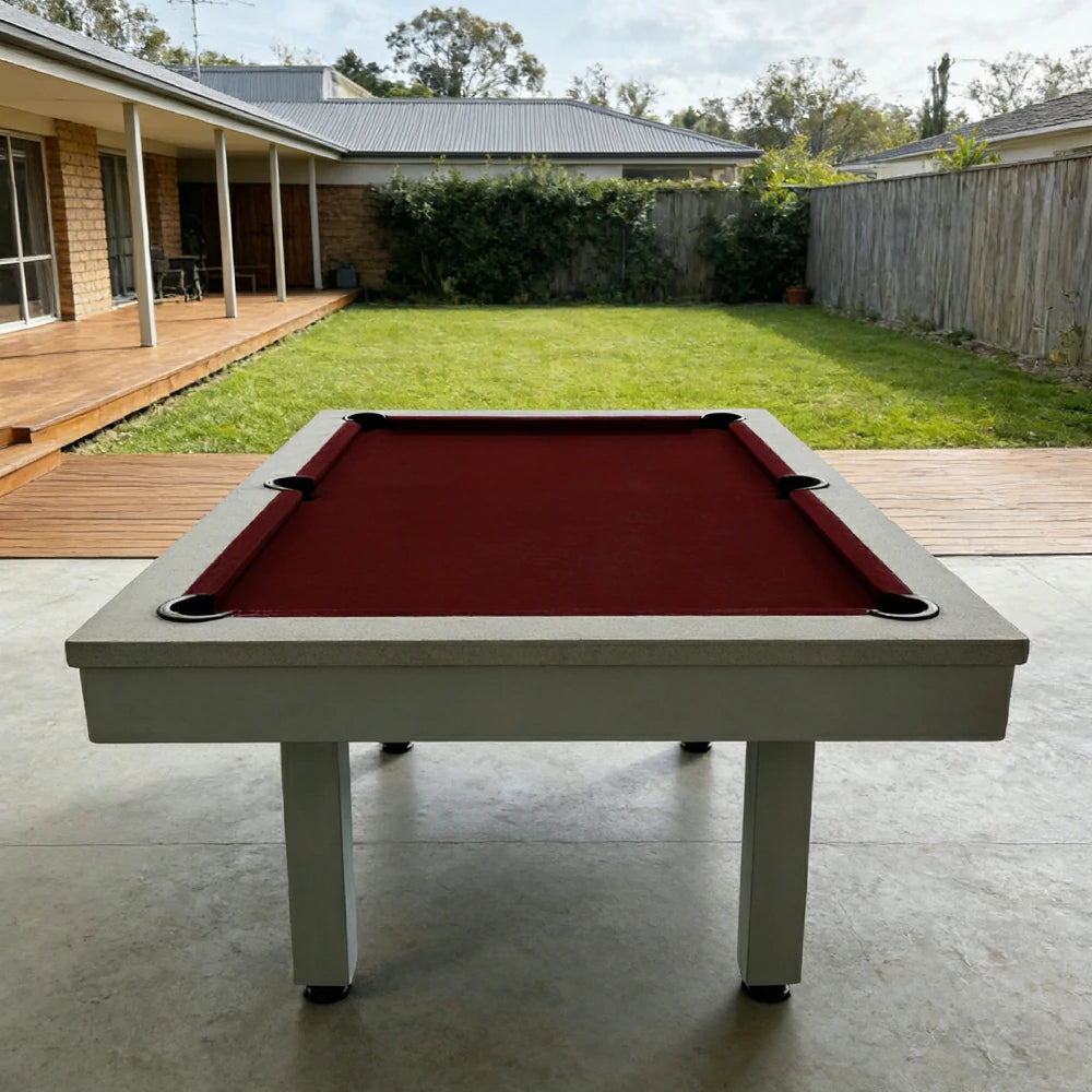 CUETIQ 7FT Outdoor Pool Table - Straight Leg Design Metal Frame Waterproof Billiard Table for Backyard Patio Games - Grey & Burgundy