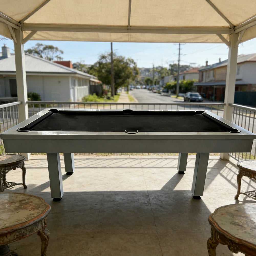 CUETIQ 7FT Outdoor Pool Table - Straight Leg Design Metal Frame Waterproof Billiard Table for Backyard Patio Games - Grey & Black