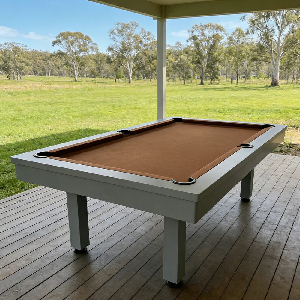 CUETIQ 7FT Outdoor Pool Table - Straight Leg Design Metal Frame Waterproof Billiard Table for Backyard Patio Games - Grey & Brown