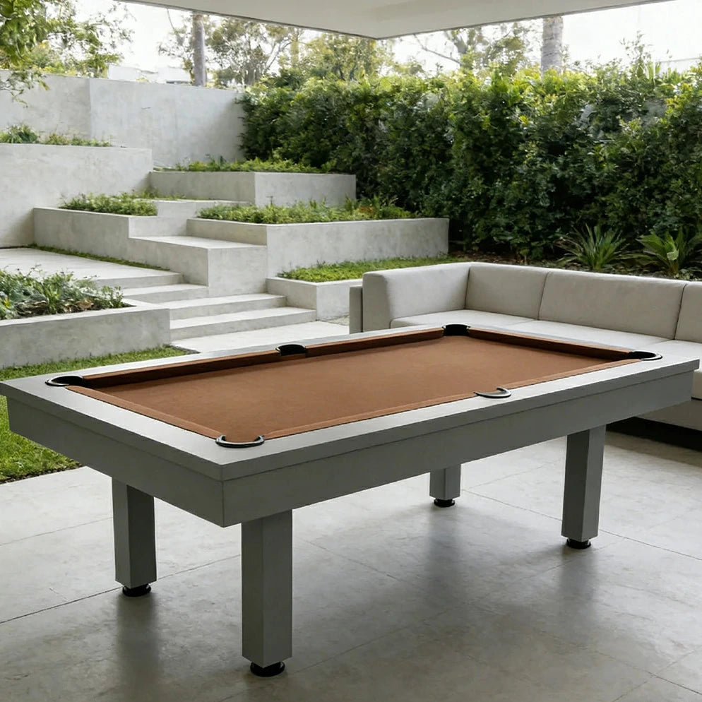 CUETIQ 7FT Outdoor Pool Table - Straight Leg Design Metal Frame Waterproof Billiard Table for Backyard Patio Games - Grey & Brown