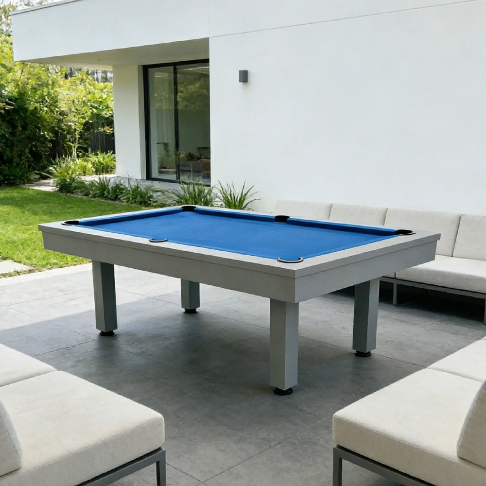 CUETIQ 7FT Outdoor Pool Table - Straight Leg Design Metal Frame Waterproof Billiard Table for Backyard Patio Games - Grey & Blue