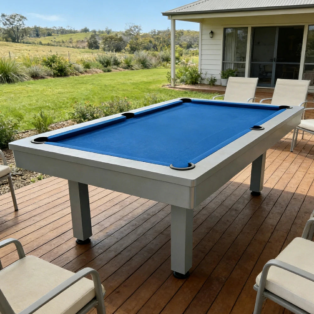 CUETIQ 7FT Outdoor Pool Table - Straight Leg Design Metal Frame Waterproof Billiard Table for Backyard Patio Games - Grey & Blue